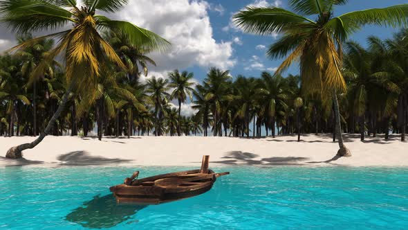 Tropical beach with palm trees and a boat on the sea. Exotic vacation at sea.