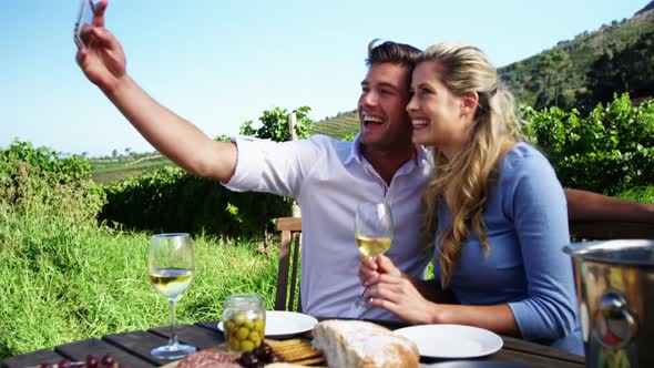 Happy couple taking selfie with mobile phone while having wine 4k alt