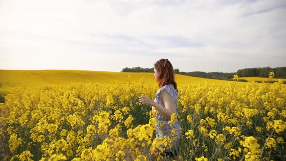 Follow Shot: Young Woman Walks in Rapeseed Field Touching Flowers alt