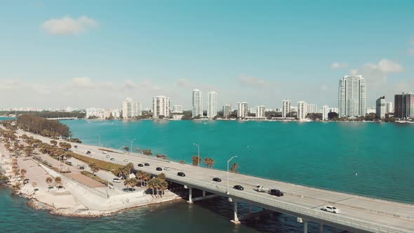 Aerial Drone View of Rickenbacker Causeway and Downtown Miami on a Sunny Day Florida alt