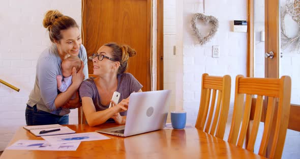 Lesbian couple working on laptop in living room 4k alt
