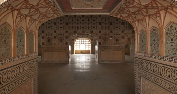 Walls of Famous Landmark Sheesh Mahal Mirror Palace. Inside Amer Fort, Amer, Rajasthan, India alt