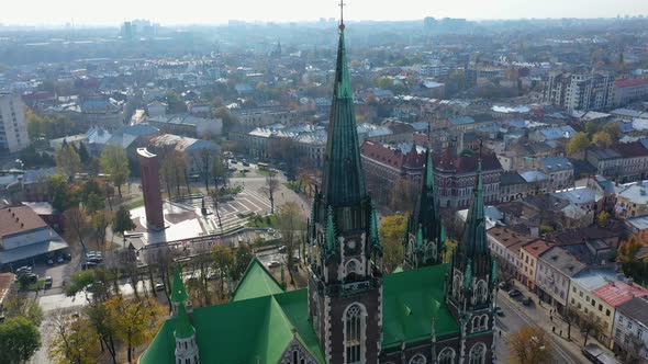 Aerial Video of Saint Olga and Elizaveta Church in Central Part of Old City of Lviv, Ukraine alt