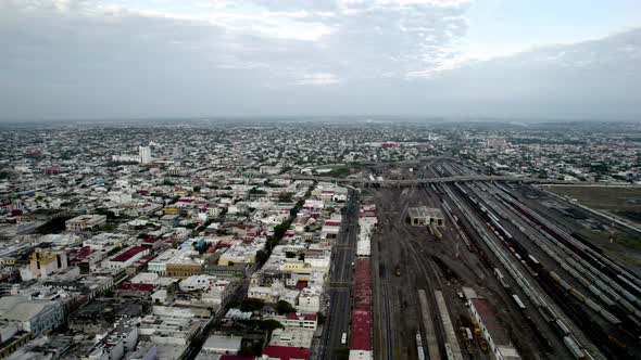 drone shot of the railways arriving at the port of veracruz at dawn alt