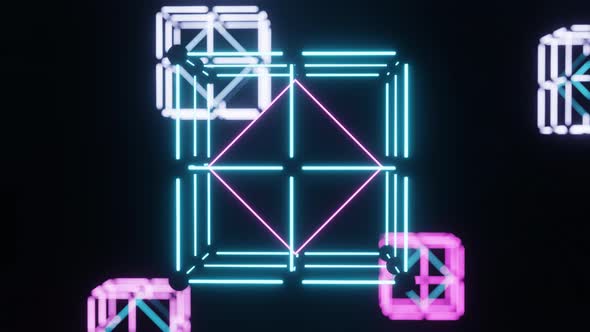 Rotating Flash Led Blue and Purple Neon Cubes on Black Background Vj Loop alt