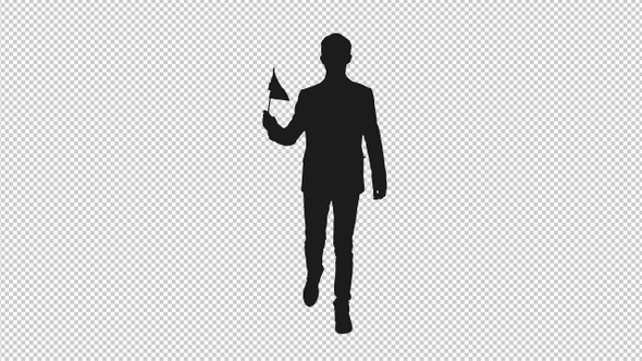 Black and White Silhouette of Young Man in Suit Walking with Waving Flag, Alpha Channel