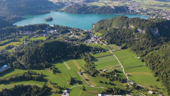 Panoramic aerial view of Lake Bled, Slovenia alt