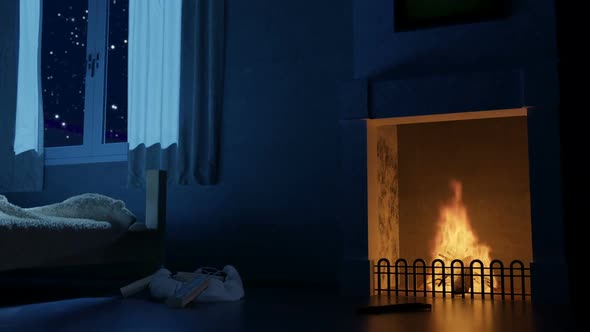 Bedroom With Fireplace At Deep Night