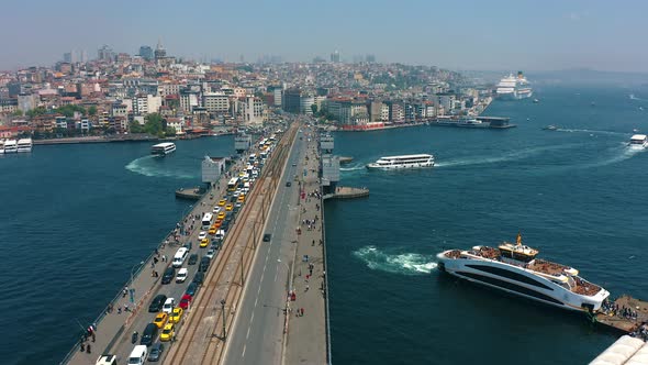 Aerial Hyperlapse of Galata Bridge at Sunset Traffic Lights alt