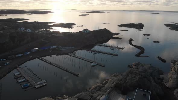Beautiful Sunset at Scandinavian Harbor in Coastal Landscape Aerial