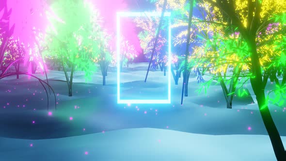 Mystical fantasy Christmas forest with neon frame.