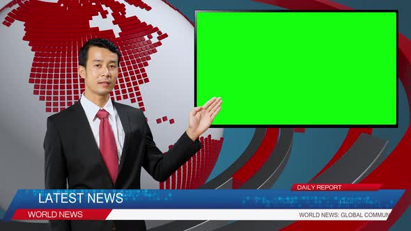Live News Studio With Asian Male Anchor Reporting On A Story With TV Green Screen alt