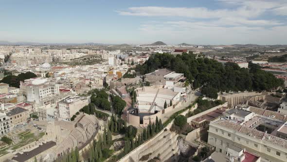 Aerial view of beautiful Torres Park Auditorium on hilltop near Roman theater, Cartagena. Spain