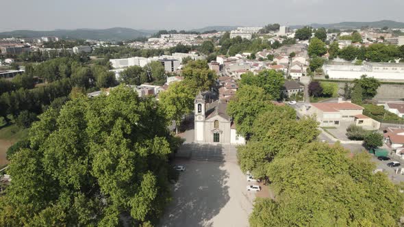 Sao Damasco church in Guimaraes Portugal, aerial establishing shot