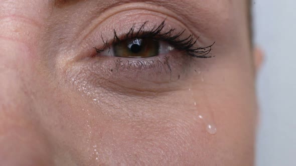 Depressed Female Crying With Tears Closeup, Overwhelming Pain of Loss, Sorrow alt
