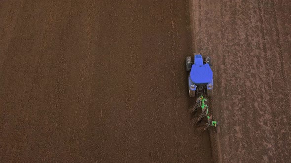 Agricultural Work in the Field, Two Blue Tractors Plow the Land