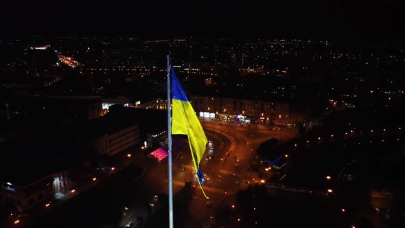 Flag of Ukraine, Kharkiv city center night aerial