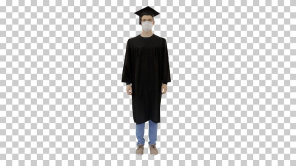 Young man with graduation gown in medical mask, Alpha Channel alt