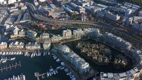 Aerial shot looking down on the marina buildings