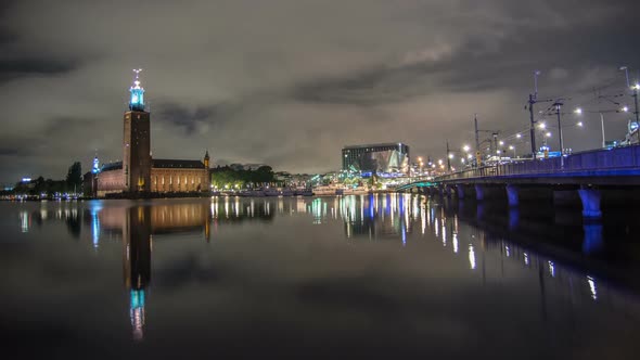 Stockholm City Hall and Railway Bridge at Night