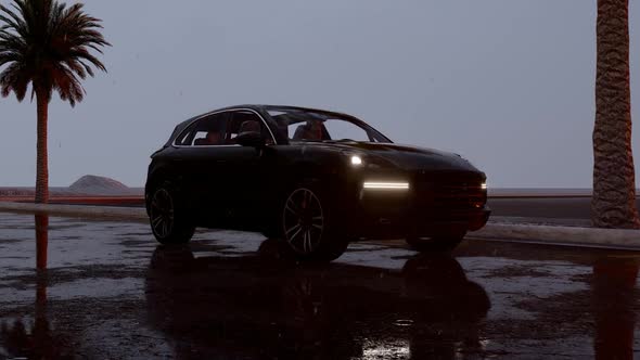 Black Sport SUV and Rainy Asphalt