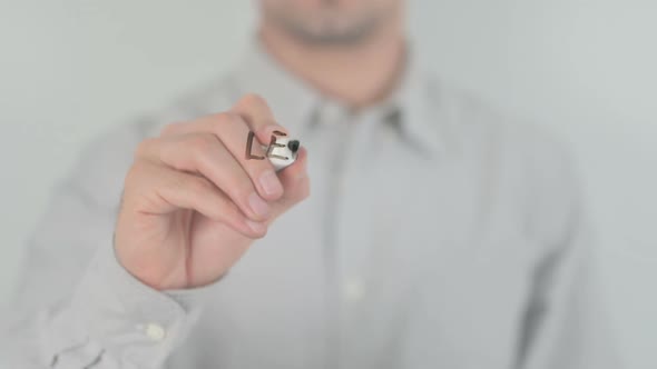 Clients Man Writing on Transparent Screen alt