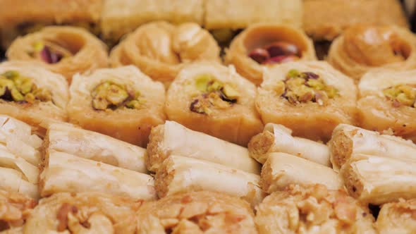 Catering Witn Sweet Table. Sweet Food Industry. Tasty Baklava. Turkish Ramadan Dessert Baklava alt