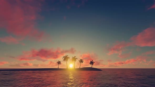 Sunset On A Desert Island With Palm Trees