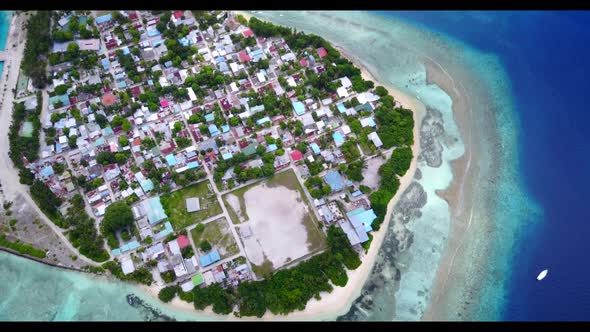 Aerial flying over abstract of perfect tourist beach wildlife by shallow sea and white sandy backgro alt