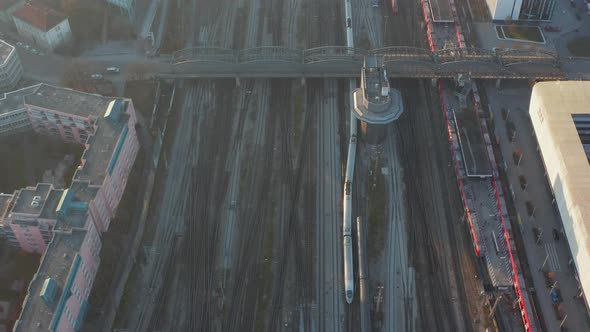 Trains Moving on Multiple Track Railway System in Germany, Aerial Birds Eye Overhead Top Down View alt