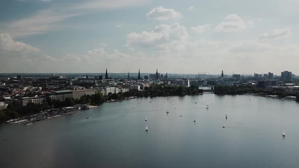 Aerial View of Lake Alster in the Center of Hamburg. Geramania in the Summer