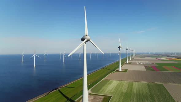 Wind turbines in fields and sea, Urk, Flevoland, Netherlands