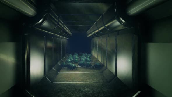 Long straight empty enclosed corridor. Dark industrial hallway in the spacecraft alt