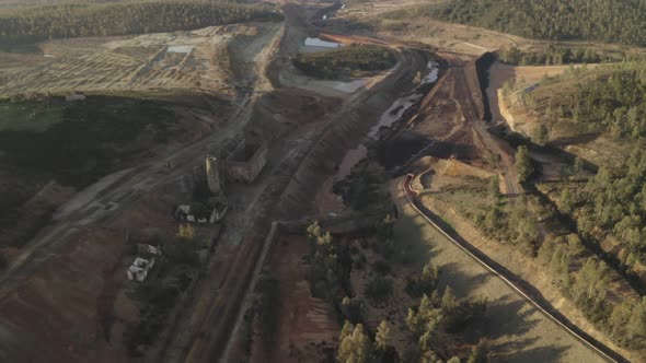 Aerial drone view of the abandoned mines of Mina de Sao Domingos, in Alentejo Portugal alt