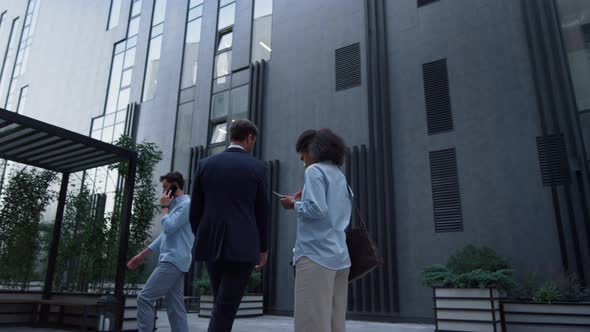 Office Girl Working Tablet Computer Standing Outdoors at Lively Downtown Area alt