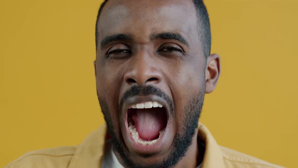 Closeup Portrait of Tired Young Man Yawning and Looking at Camera on Yellow Background alt