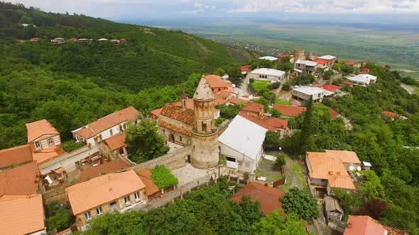 Wonderful panoramic view of Sighnaghi town with old church of St George, travel alt