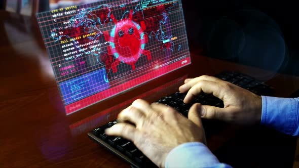 Hacker typing keyboard with Cyberattack hologram screen alt