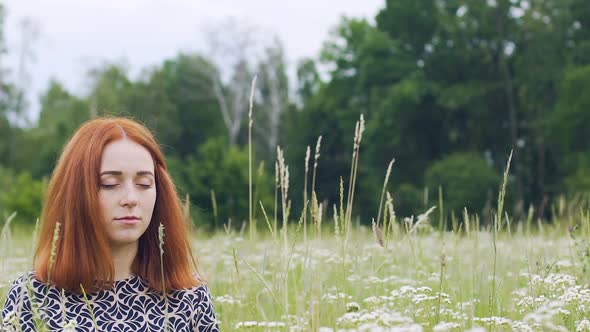 Unity With Nature, Young Woman Sits With Closed Eyes Meditating, Inner Peace alt