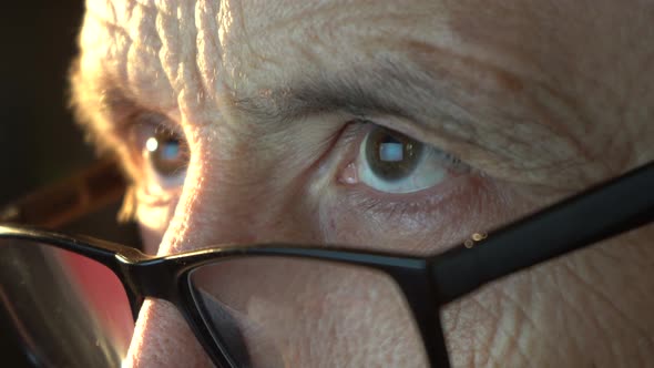 Closeup of the Focused Eyes of a Businessman Wearing Computer Glasses alt