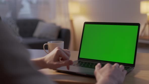 Closeup of a Man's Hands Working on Green Screen on a Laptop Scrolling Surfing Web alt