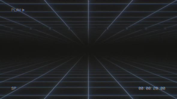 Damaged VHS Tape Glitch Noise of Synthwave Neon Grid Plane Flickers - 1080p alt