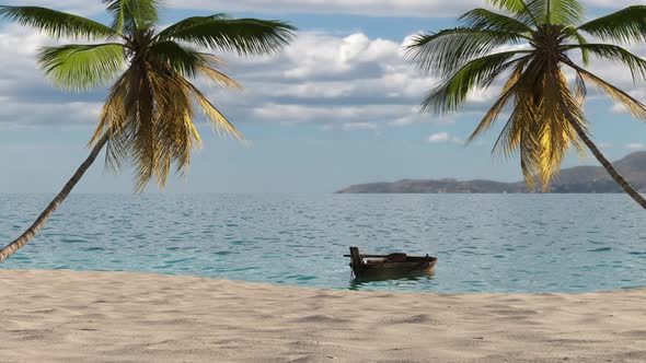 Travel by boat in the sea near a tropical beach with palm trees.