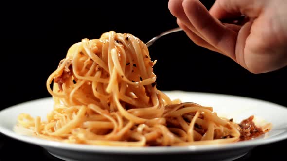 Man Eat Pasta Italian With Sauce Bolognese.Spaghetti With Tomato And Parmesan.Italian Cuisine Pasta alt