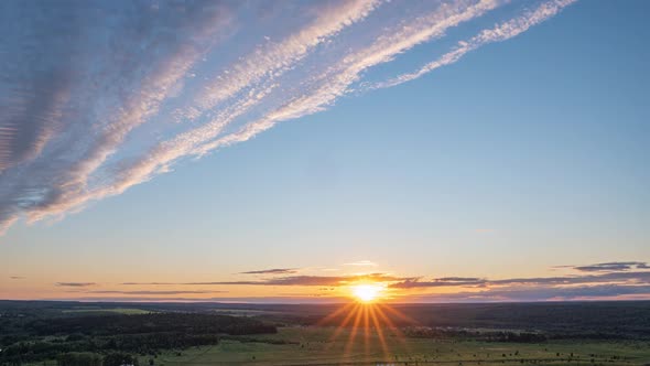 Aerial Scene of High Panoramic View at Sunset. Beautiful Clouds Blue Sky, Sun Glow Cloud, Background alt
