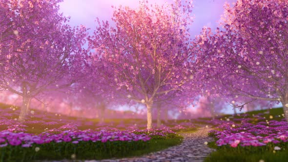 Scenic Park With Rows Of Flowerind Cherry Sakura Trees