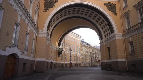 Triumphal Arch Leading To Palace Square In Saint Petersburg Russia. Empty Street