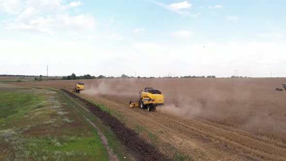 Aerial View of Harvester Machines Working in Wheat Field alt