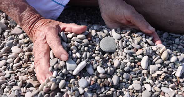 An Elderly Man Collects Pebbles in His Palms Seashore alt