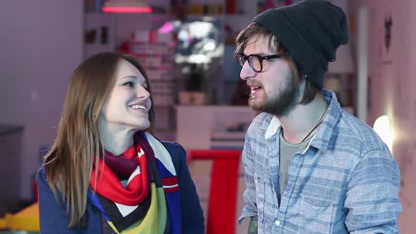 Man Woman Have Conversation in Cafe Restaurant, Smiling Couple alt